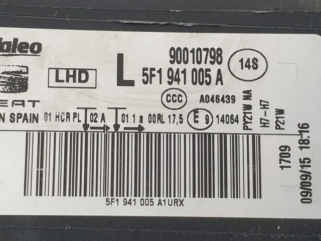 507015 Seat Leon 5F, 2015, Bal Első Lámpa Fényszóró, 5F1941005A