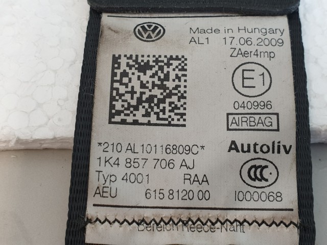 505228 VW Golf 6, 2010, Jobb Első Övfeszítő, Biztonsági Öv, 5 Ajtóshoz