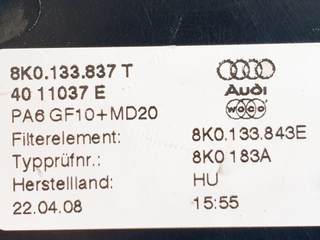 508800 Audi A4 B8, 2.0 Diesel, 2009, Légszűrőház, Légtömegmérővel, 8K0133835AD