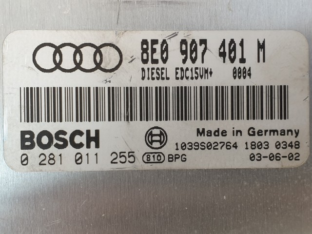 502863 Audi A4, A6, 2.5 V6 TDI, 2003. Motorvezérlő, Ecu, 8E0907401M, 0281011255 Bosch