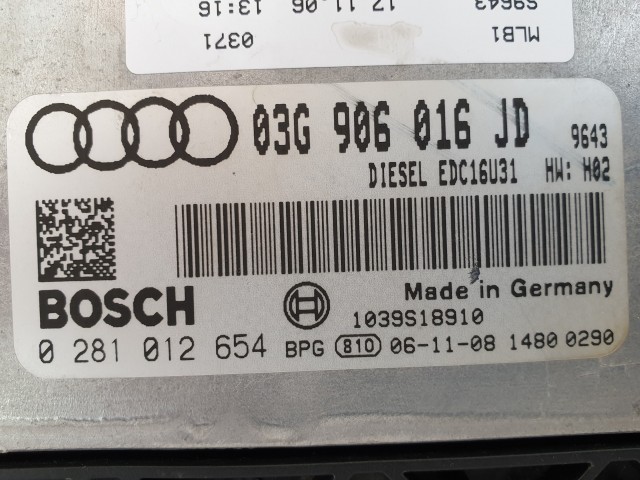 502915 Audi A4 B7, 2006, Motorvezérlő, Ecu, 0281012654, 03G906016JD, Bosch.