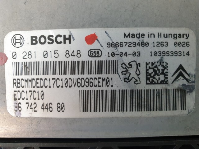 503810 Citroen C3, 2010, Motorvezérlő, Ecu, 0281015848, 9674244680, Bosch