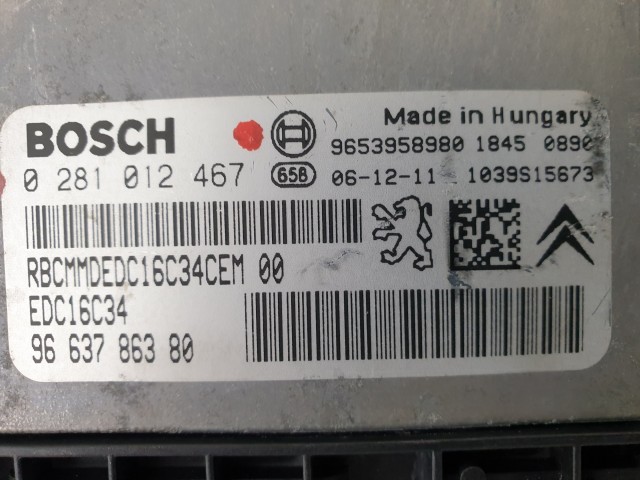 503814, Peugeot 207, Motorvezérlő, Ecu, 0281012467, 9663786380, Bosch.