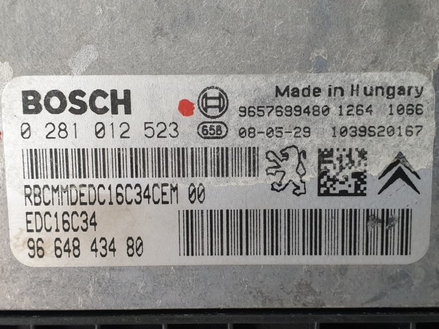 503828 Peugeot 207, Motorvezérlő, Ecu, 0281012523, 9664843480, Bosch.