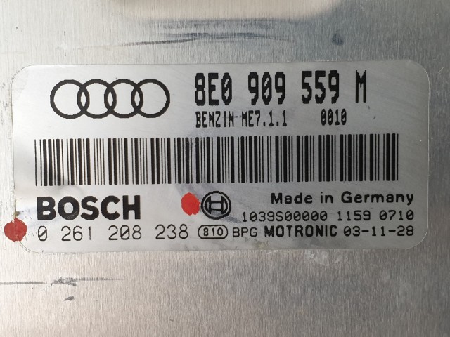 503841 Audi A4 B6, 2003, Motorvezérlő, Ecu, 0261208238, 8E0909559M, Bosch.