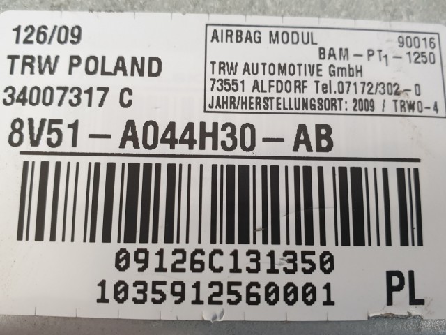 510736 Ford Fiesta 2011, Utaslégzsák, Légzsák, 1 Csati, 8V51-A044H30-AB.