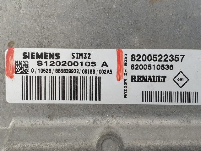 504339, Renault Clio 3, Motorvezérlő, Ecu, 8200522357, S120200105A, Siemens.