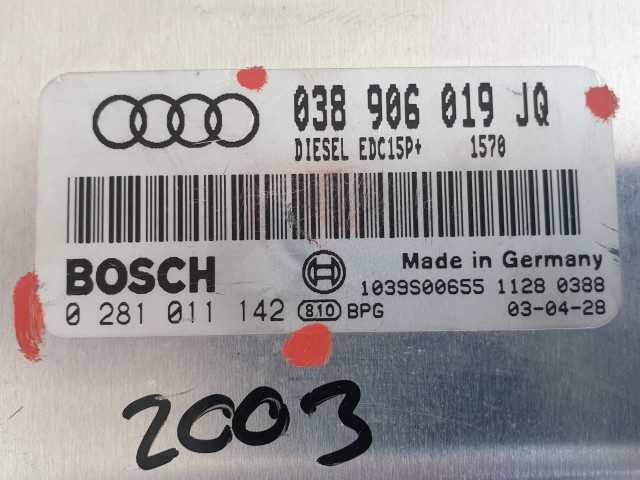 504358 Audi A4 B6, 2003, Motorvezérlő, Ecu, 0281011142, 038906019JQ, Bosch.