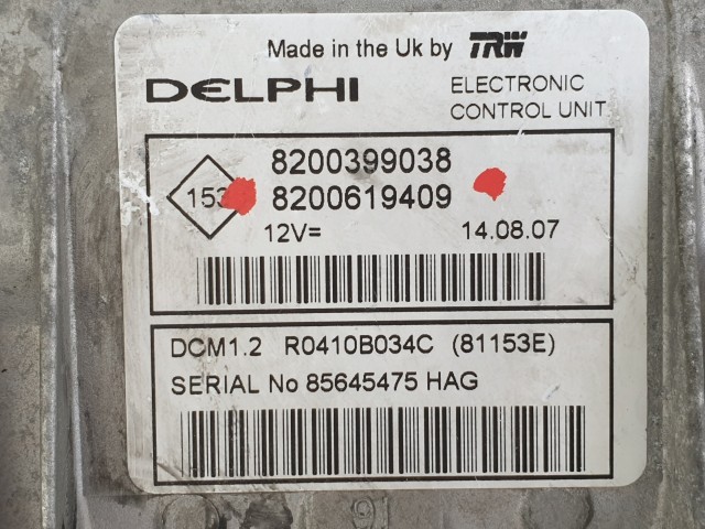 504375 Renault Modus 2007, Motorvezérlő, Ecu, 8200399038, 8200619409 Delphi.