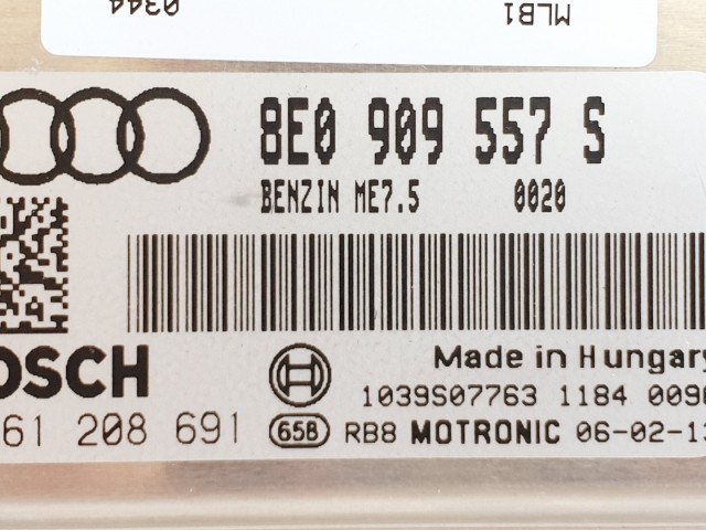 508599 Audi A4, 2006, Motorvezérlő, Ecu, 0261208691, 8E0909557S, Bosch.