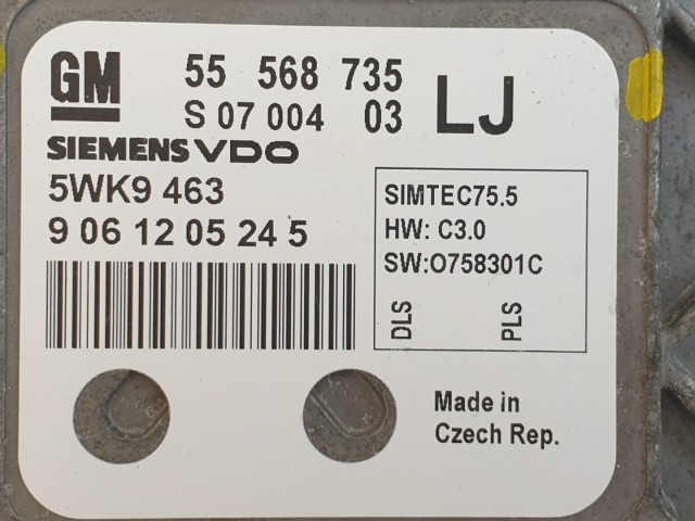 511380 Opel Astra H, Motorvezérlő, Ecu, 55568735, 5WK9463, Siemens.