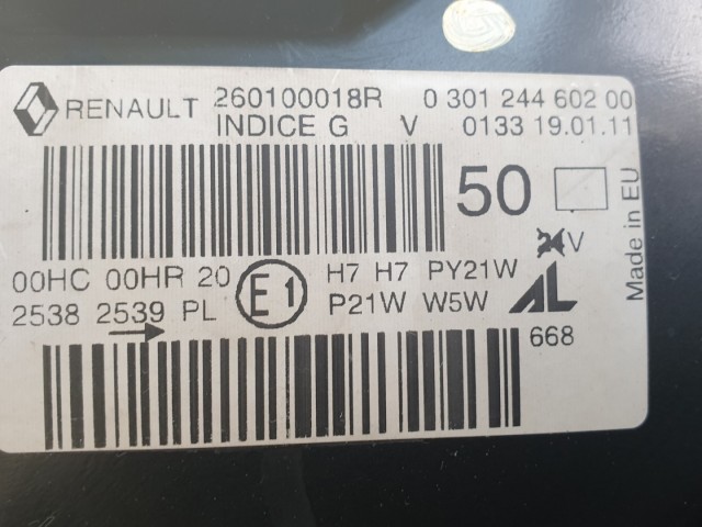 511537 Renault Megane 3, 2011, Jobb Első Lámpa Fényszóró, 260100018R.