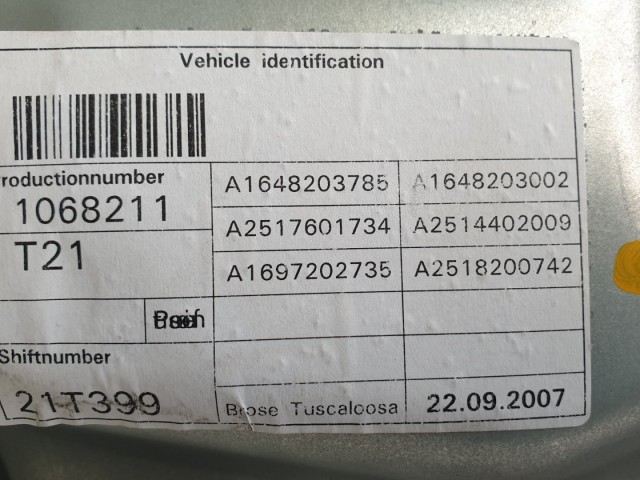 511715 Mercedes R. 2007, Bal Első Ablakemelő Szerkezet Kompletten.