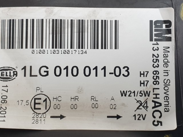 511958 Opel Astra J, 2011, Bal Első Fényszóró, Lámpa, 13253656.