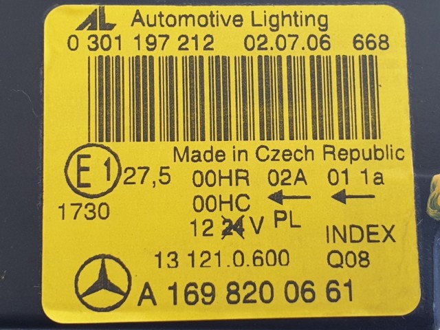 512608 Mercedes A 169, 2006,  Jobb Projektoros Lámpa, Fényszóró, A1698200661.