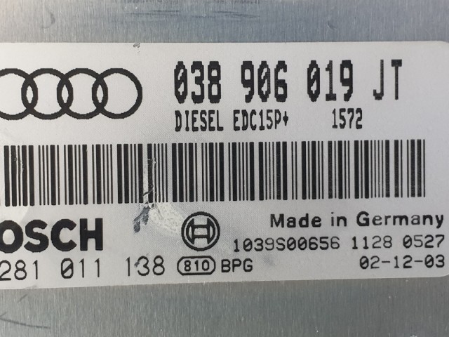512688 Audi A4, D, 2002,  Motorvezérlő, 038906019JT, 0281011138. Bosch.