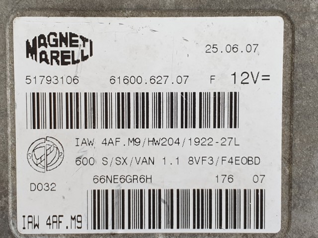 512382 Fiat Seicento 2007, Motorvezérlő, Ecu, 51793106, Magneti.