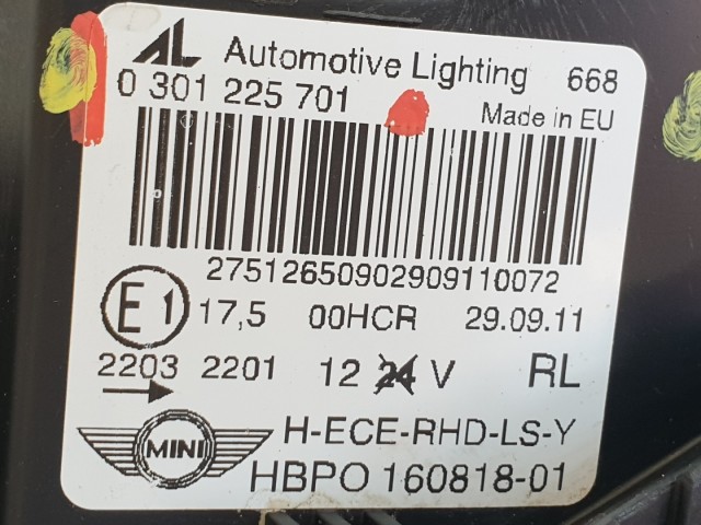 511013 Mini Cooper R56, 2011, Bal Fényszóró, Lámpa, 0301225701.