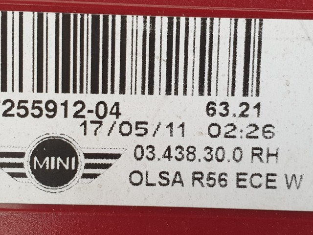 512950 Mini Cooper R56, 2011 Jobb Hátsó Lámpa Fóliázott, 7255912-04.